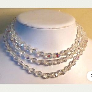 Vintage Triple Strand Aurora Borealis Choker With Hook Clasp 15 Inches